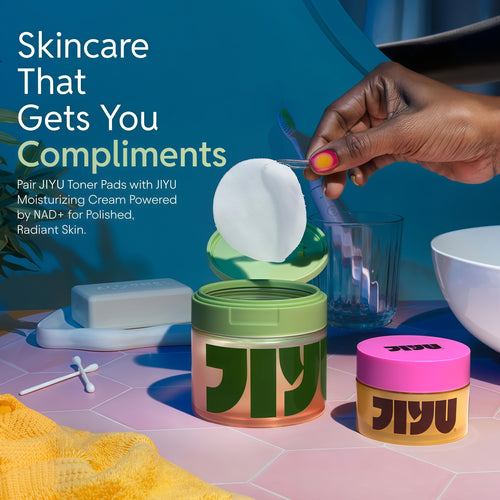JIYU Korean Skincare Glow Up Bundle – NAD+ Hydrating Face Moisturizer (50 ml) + Toning Toner Pads (100 Count) – Brightening & Hydrating Daily Skincare Routine for All Skin Types